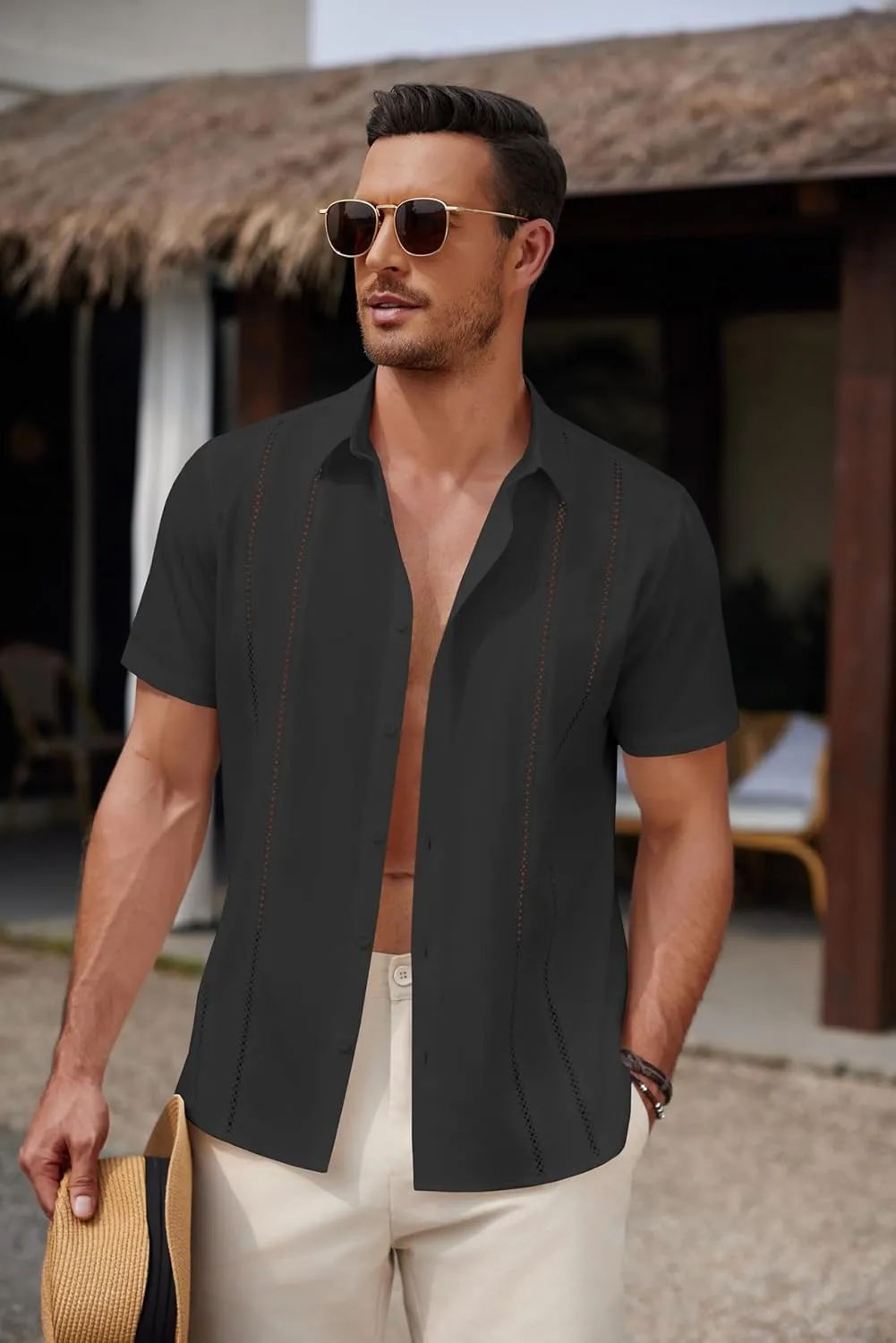 COOFANDY Men's Cuban Guayabera Shirt Summer Beach Vacation Shirt Casual Short Sleeve Button Down Resort Wear