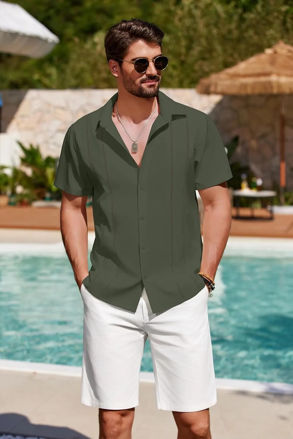 COOFANDY Men's Cuban Guayabera Shirt Summer Beach Vacation Shirt Casual Short Sleeve Button Down Resort Wear