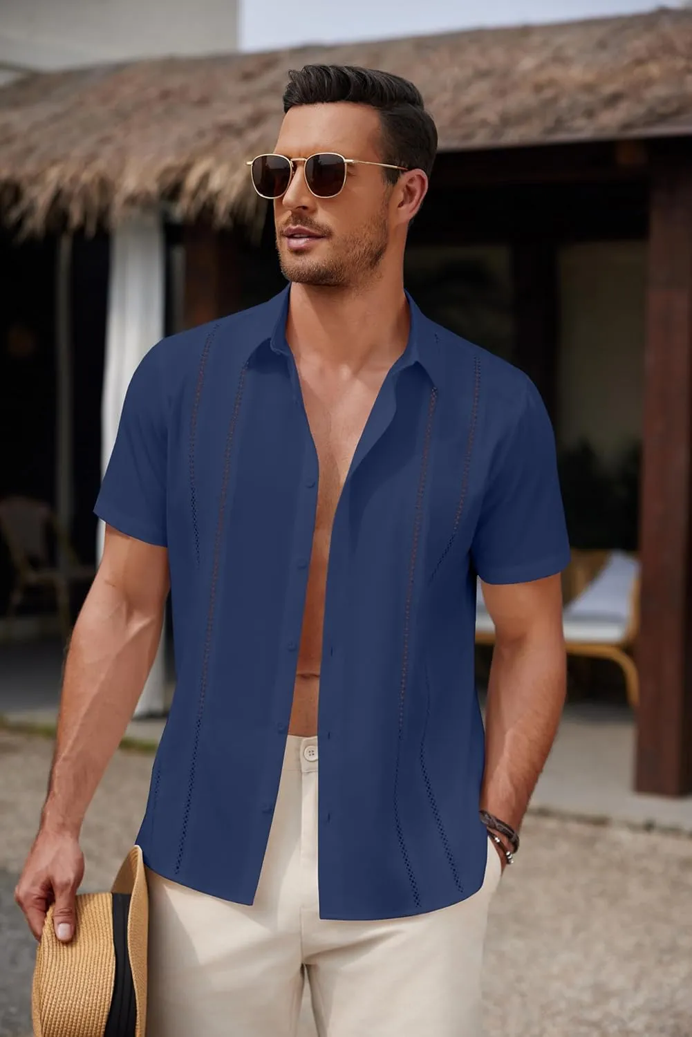 COOFANDY Men's Cuban Guayabera Shirt Summer Beach Vacation Shirt Casual Short Sleeve Button Down Resort Wear