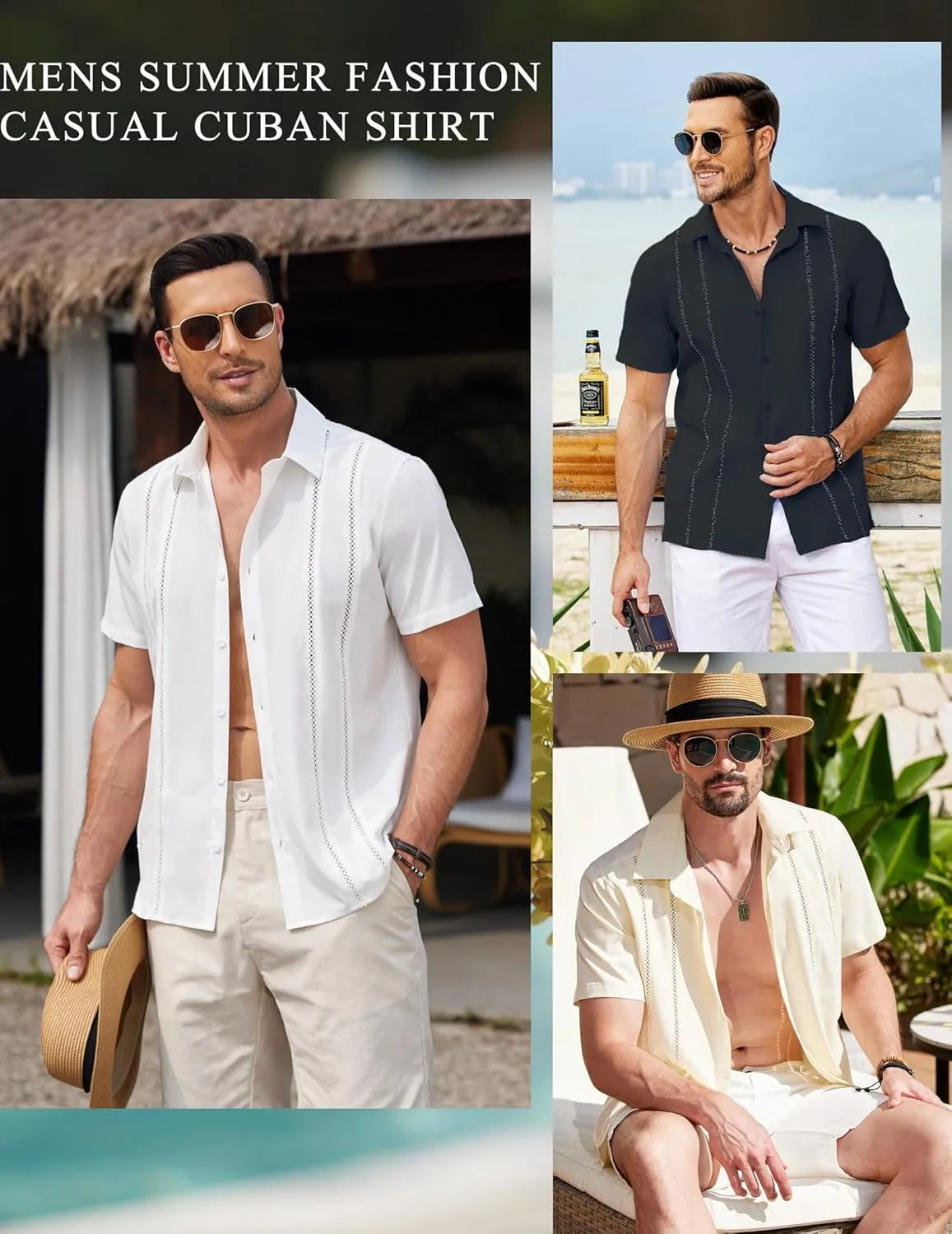 COOFANDY Men's Cuban Guayabera Shirt Summer Beach Vacation Shirt Casual Short Sleeve Button Down Resort Wear