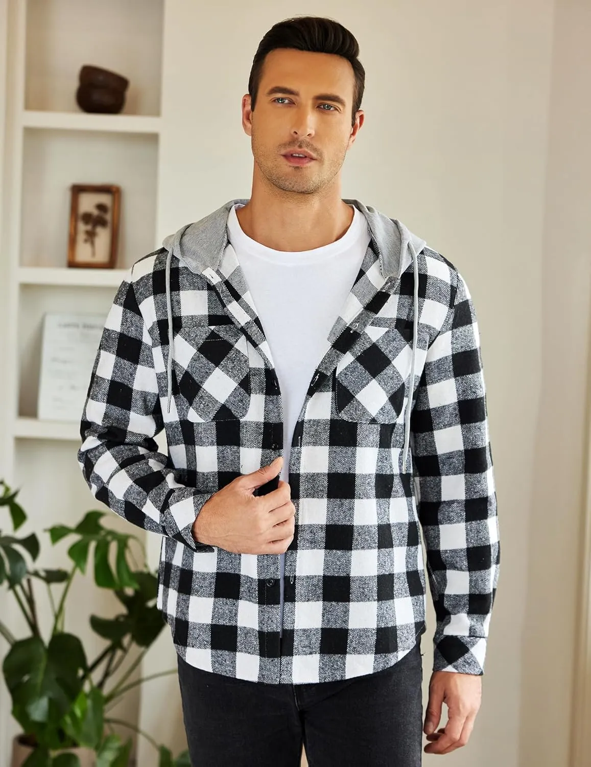 COOFANDY Men's Flannel Hoodie Plaid Shirt Long Sleeve Button Down Casual Shirt Jacket Lightweight Fall Shacket