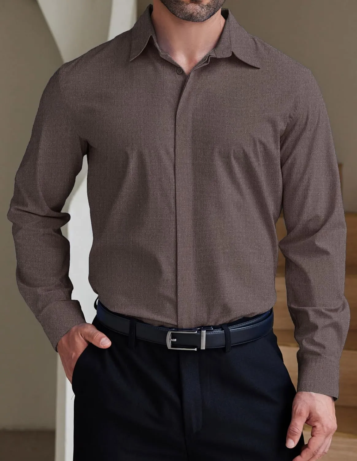 COOFANDY Men's Formal Dress Shirt Hidden Button Front Wrinkle Free Shirt Regular Fit Stretch Business Casual Shirts