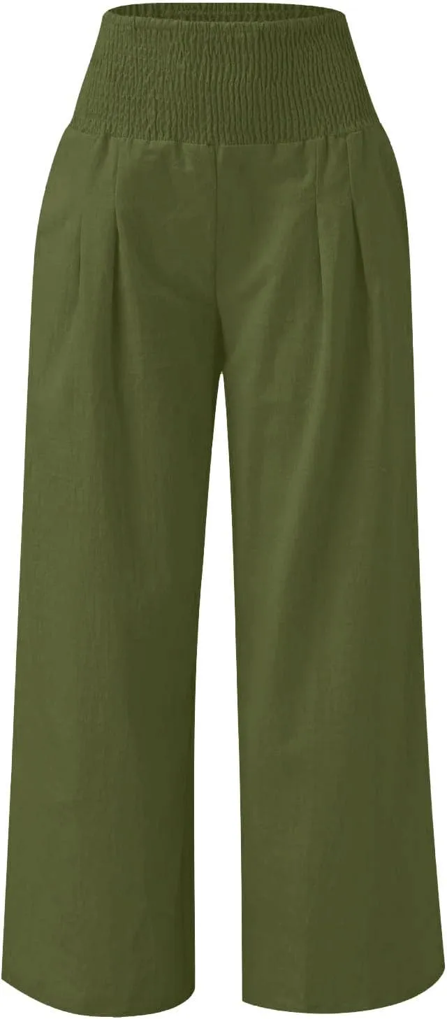Cotton Linen Palazzo Pants for Girls Casual Smocked High Waist Wide Leg Long Pants Kids Summer Beach Lounge Trousers