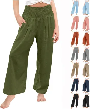 Cotton Linen Palazzo Pants for Girls Casual Smocked High Waist Wide Leg Long Pants Kids Summer Beach Lounge Trousers