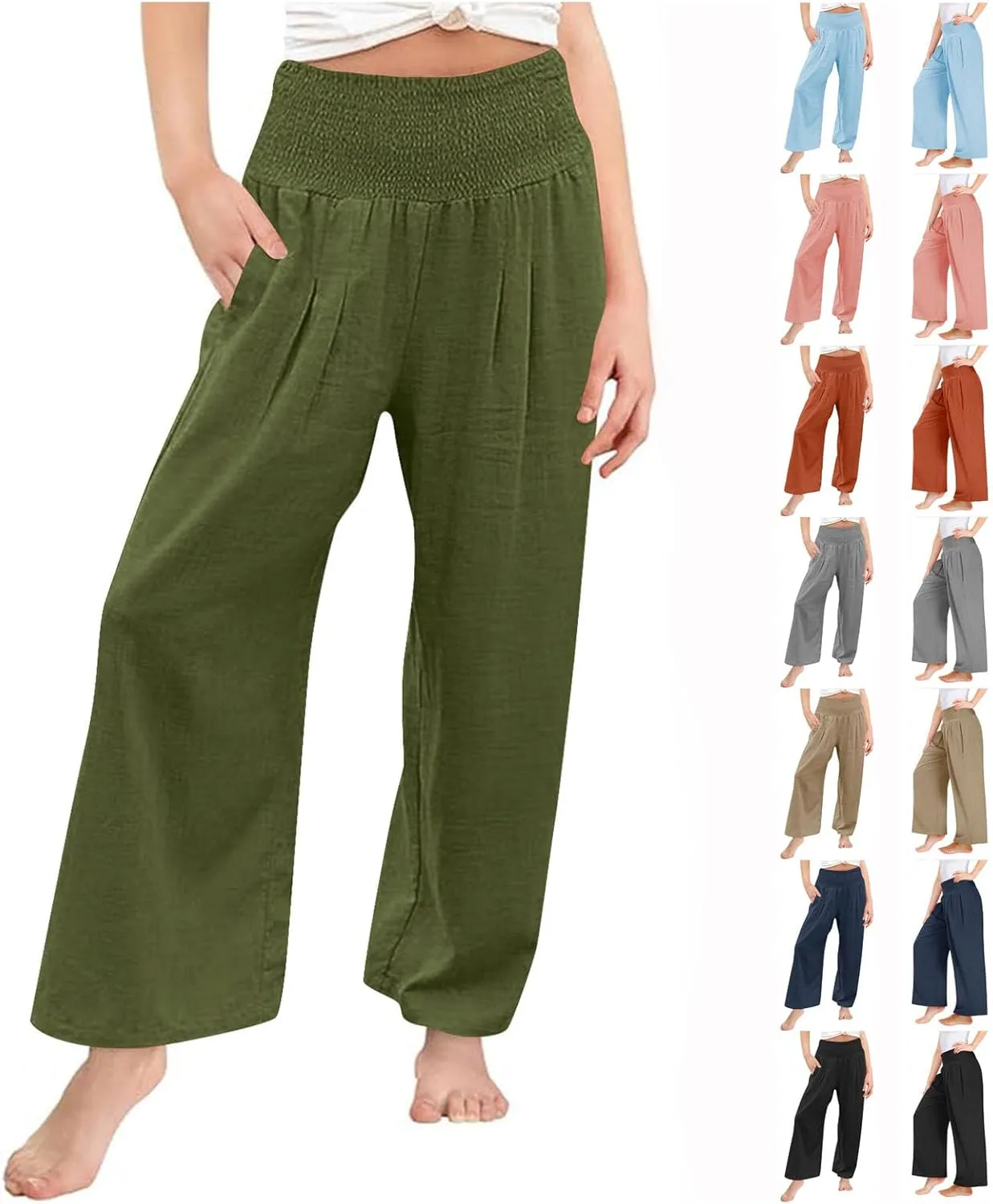 Cotton Linen Palazzo Pants for Girls Casual Smocked High Waist Wide Leg Long Pants Kids Summer Beach Lounge Trousers