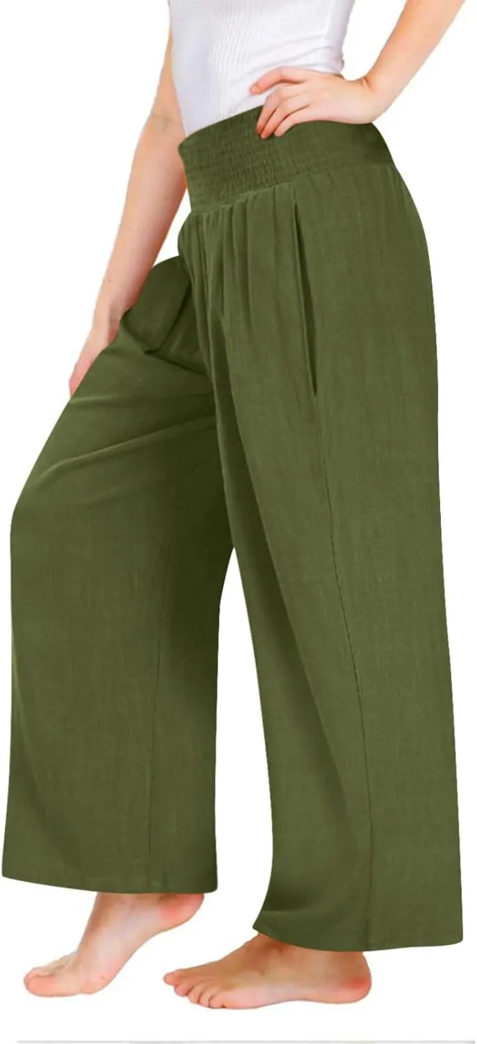 Cotton Linen Palazzo Pants for Girls Casual Smocked High Waist Wide Leg Long Pants Kids Summer Beach Lounge Trousers