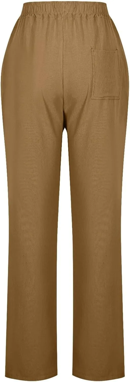 Cotton Linen Pants for Women Casual Summer Wide Leg Pants Drawstring High Waist Straight Leg Trousers with Pockets