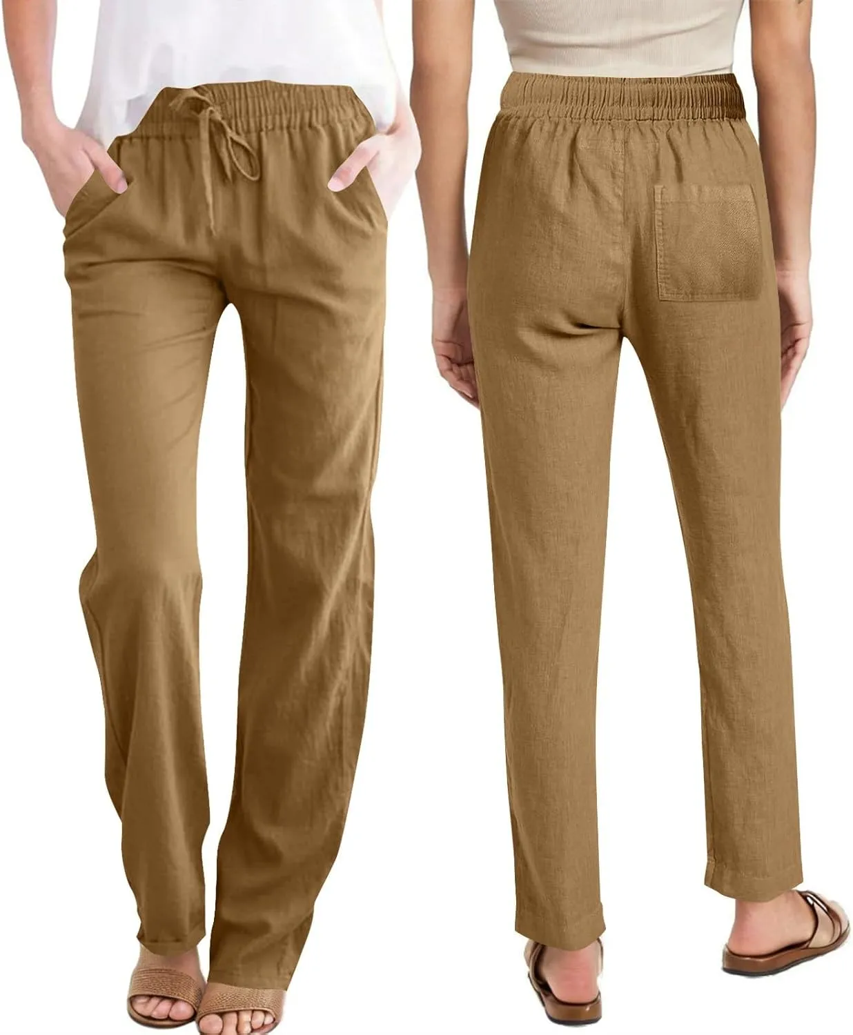 Cotton Linen Pants for Women Casual Summer Wide Leg Pants Drawstring High Waist Straight Leg Trousers with Pockets