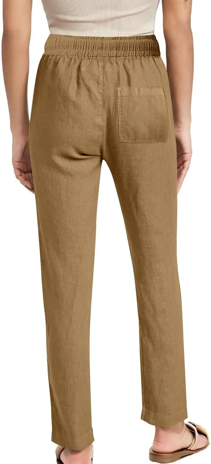 Cotton Linen Pants for Women Casual Summer Wide Leg Pants Drawstring High Waist Straight Leg Trousers with Pockets