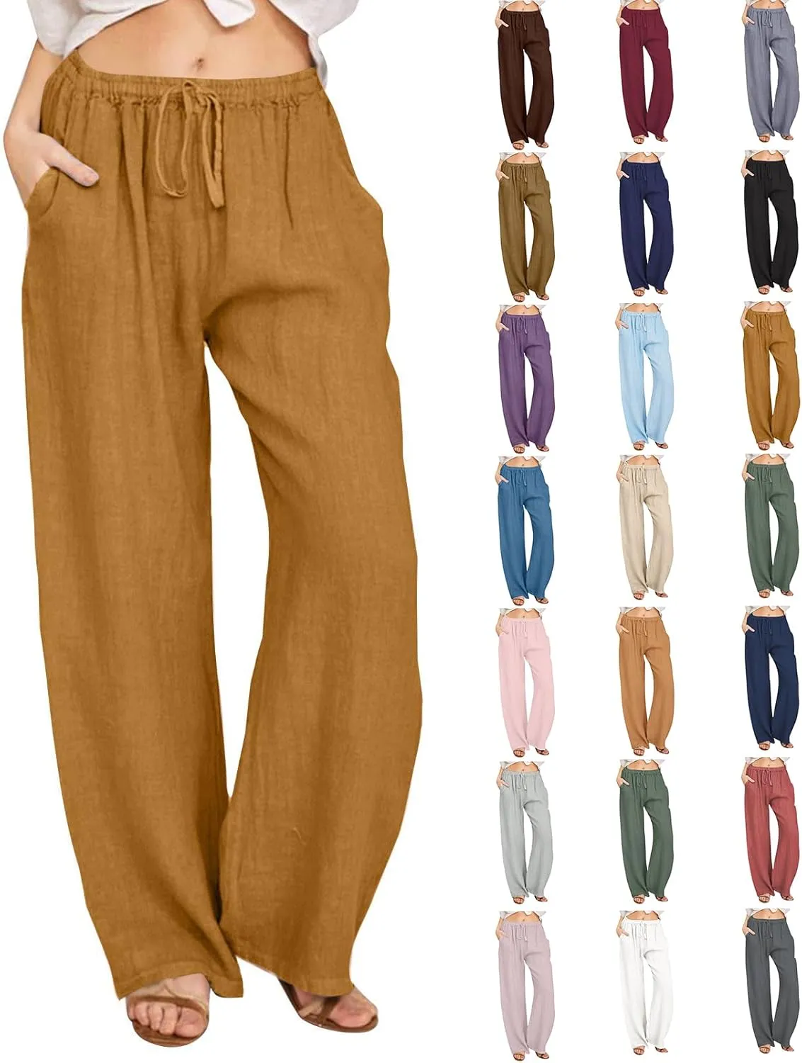 Cotton Linen Pants Women Summer Lightweight Boho Flowy Wide Leg Pants Casual Beach Drawstring Waist Palazzo Pants