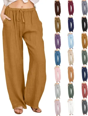 Cotton Linen Pants Women Summer Lightweight Boho Flowy Wide Leg Pants Casual Beach Drawstring Waist Palazzo Pants