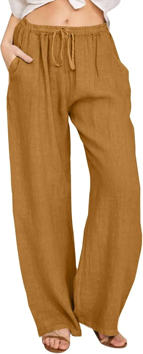 Cotton Linen Pants Women Summer Lightweight Boho Flowy Wide Leg Pants Casual Beach Drawstring Waist Palazzo Pants