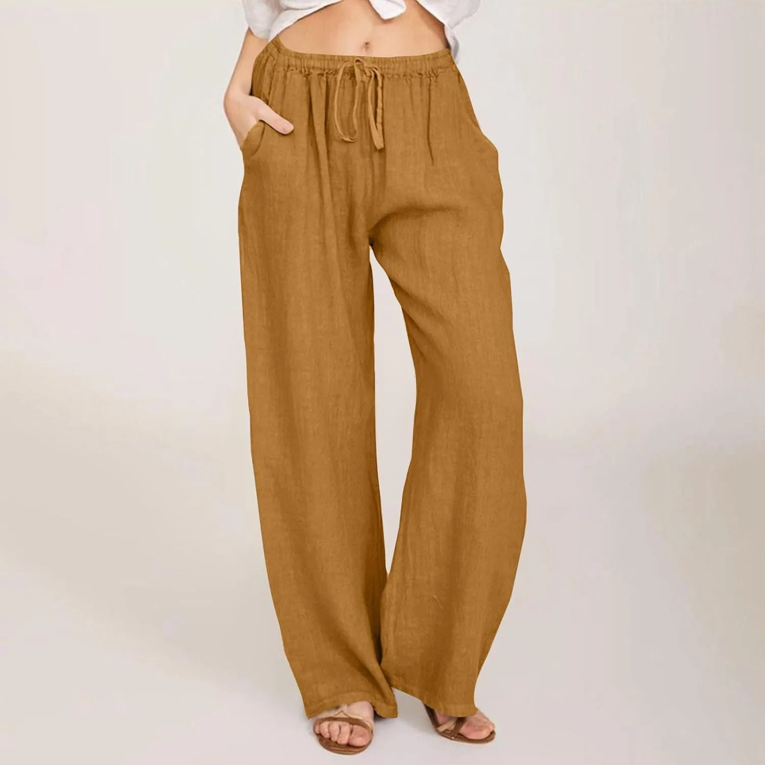 Cotton Linen Pants Women Summer Lightweight Boho Flowy Wide Leg Pants Casual Beach Drawstring Waist Palazzo Pants