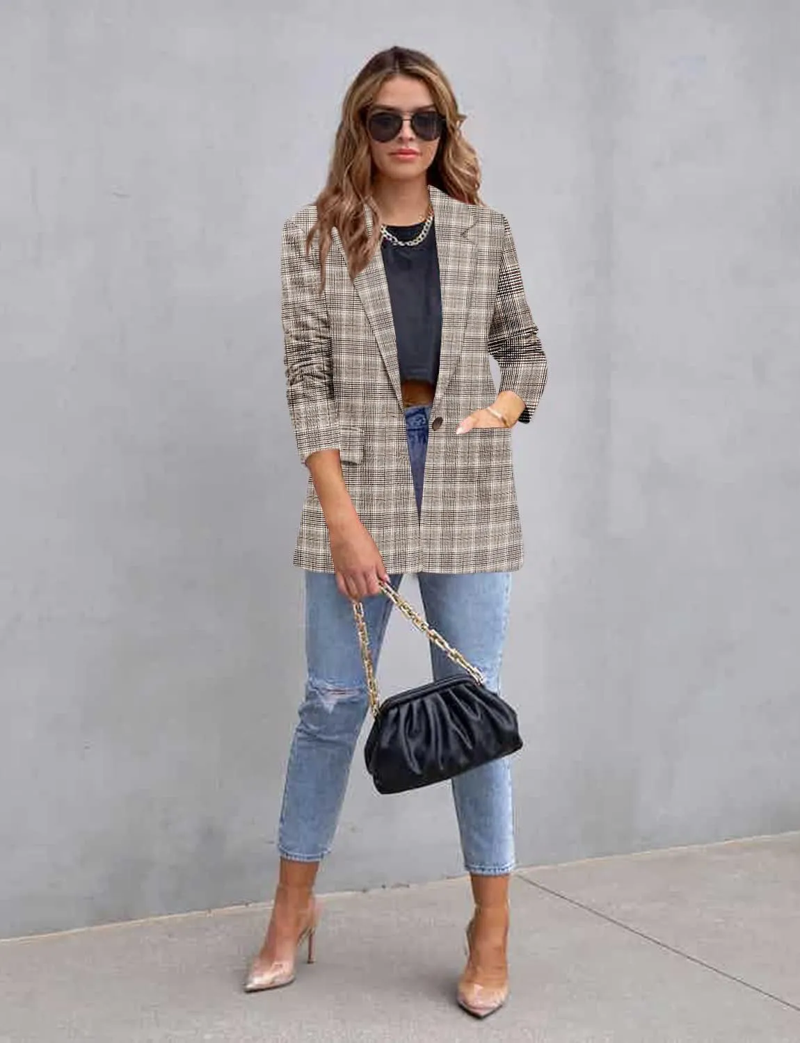 CRAZY GRID Womens Casual Blazer Jacket Long Sleeve Open Front Work Office Blazer Lapel Button Jacket