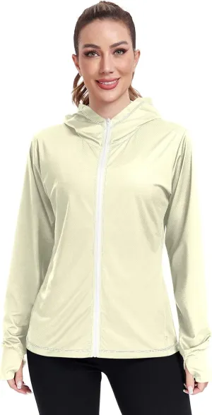 Cream Womens UPF Hoodie UPF 50  Sun Protection Jacket Hooded Women's Hoodie Zip Front Rash Guard
