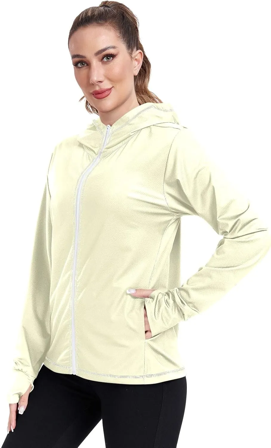 Cream Womens UPF Hoodie UPF 50  Sun Protection Jacket Hooded Women's Hoodie Zip Front Rash Guard
