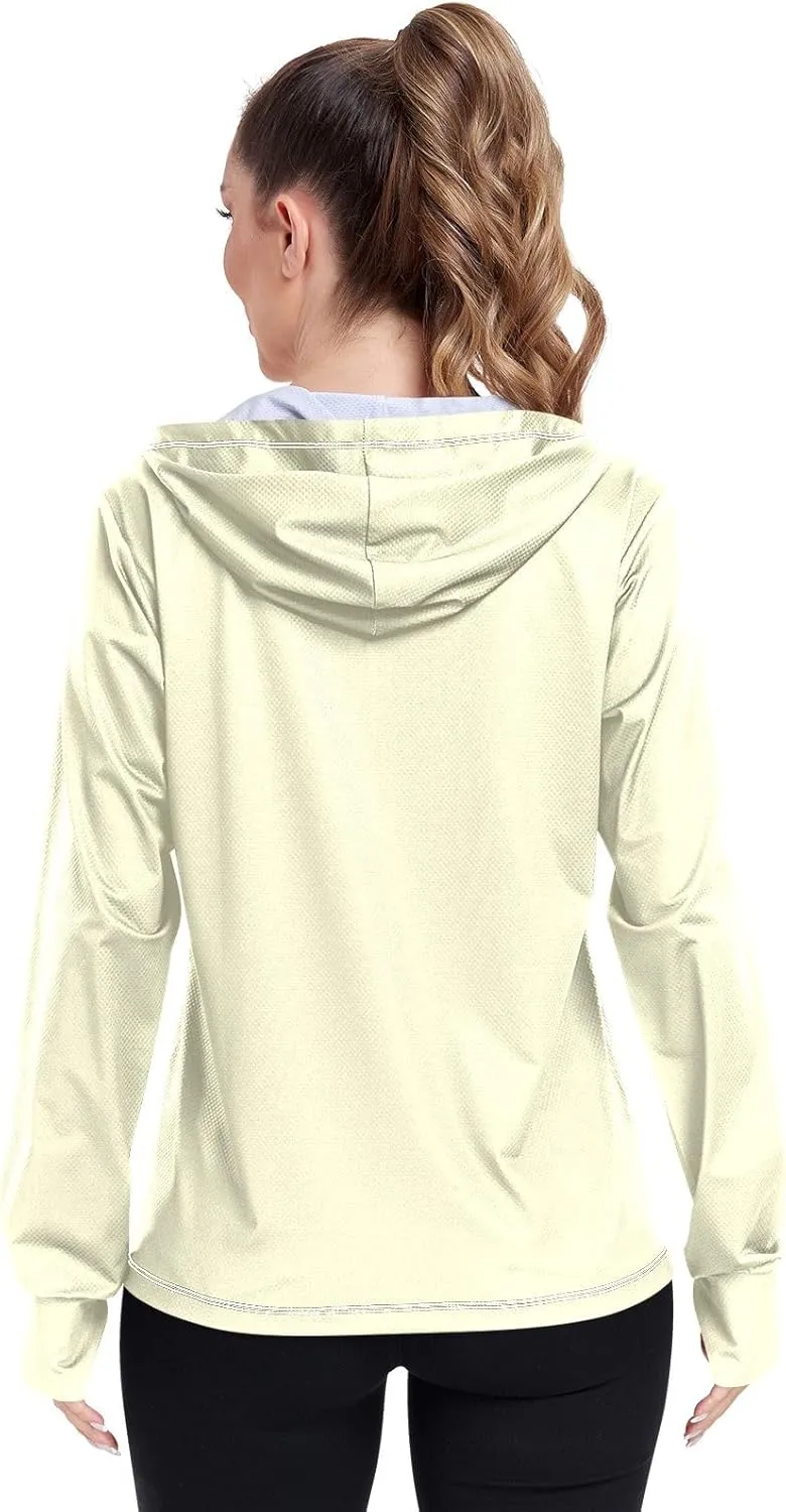 Cream Womens UPF Hoodie UPF 50  Sun Protection Jacket Hooded Women's Hoodie Zip Front Rash Guard