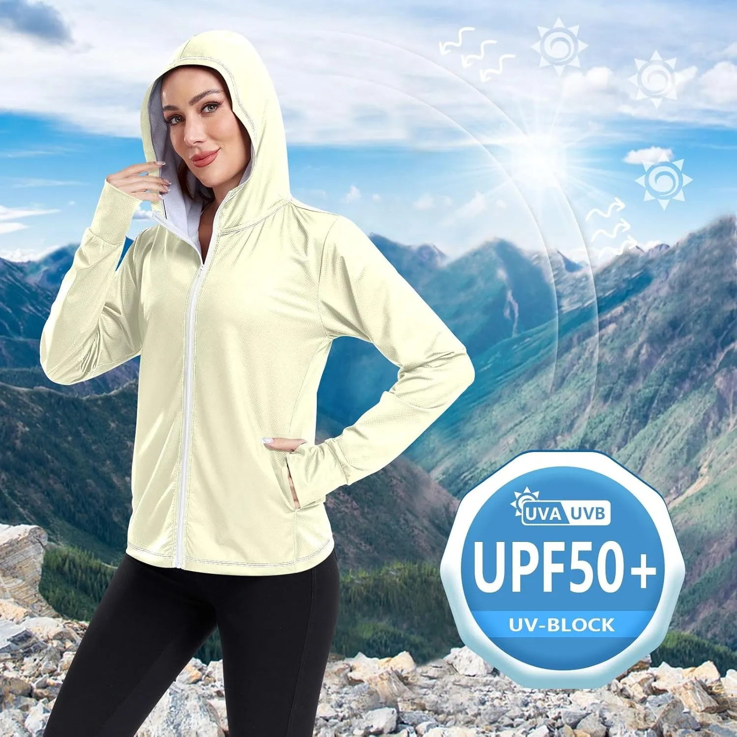 Cream Womens UPF Hoodie UPF 50  Sun Protection Jacket Hooded Women's Hoodie Zip Front Rash Guard