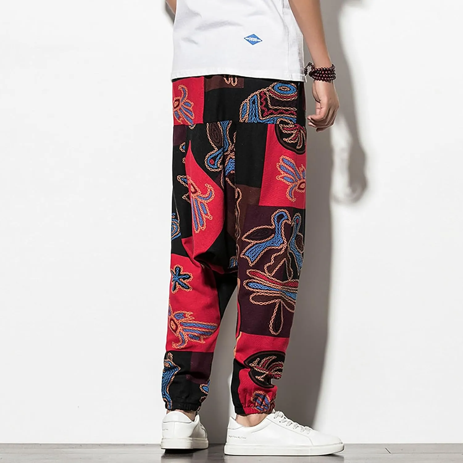 CRNTCEM Mens Printed Harem Pants Baggy Drop Crotch Boho Hippie Pants Straigth Leg Cotton Atheltic Yoga Trousers