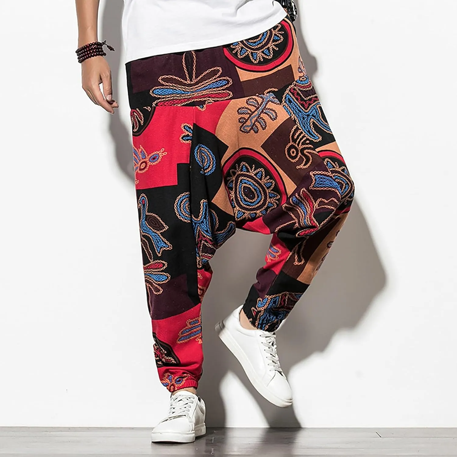 CRNTCEM Mens Printed Harem Pants Baggy Drop Crotch Boho Hippie Pants Straigth Leg Cotton Atheltic Yoga Trousers