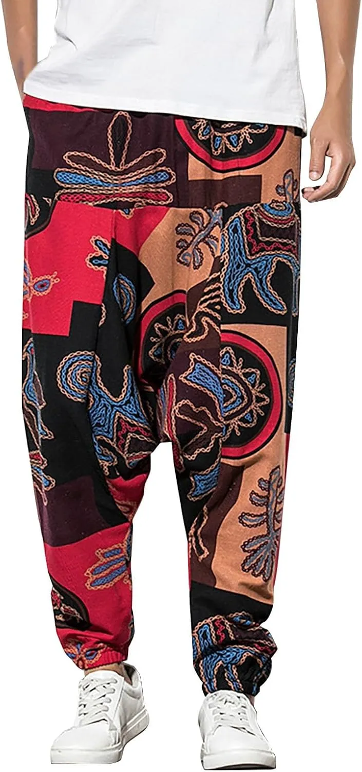 CRNTCEM Mens Printed Harem Pants Baggy Drop Crotch Boho Hippie Pants Straigth Leg Cotton Atheltic Yoga Trousers