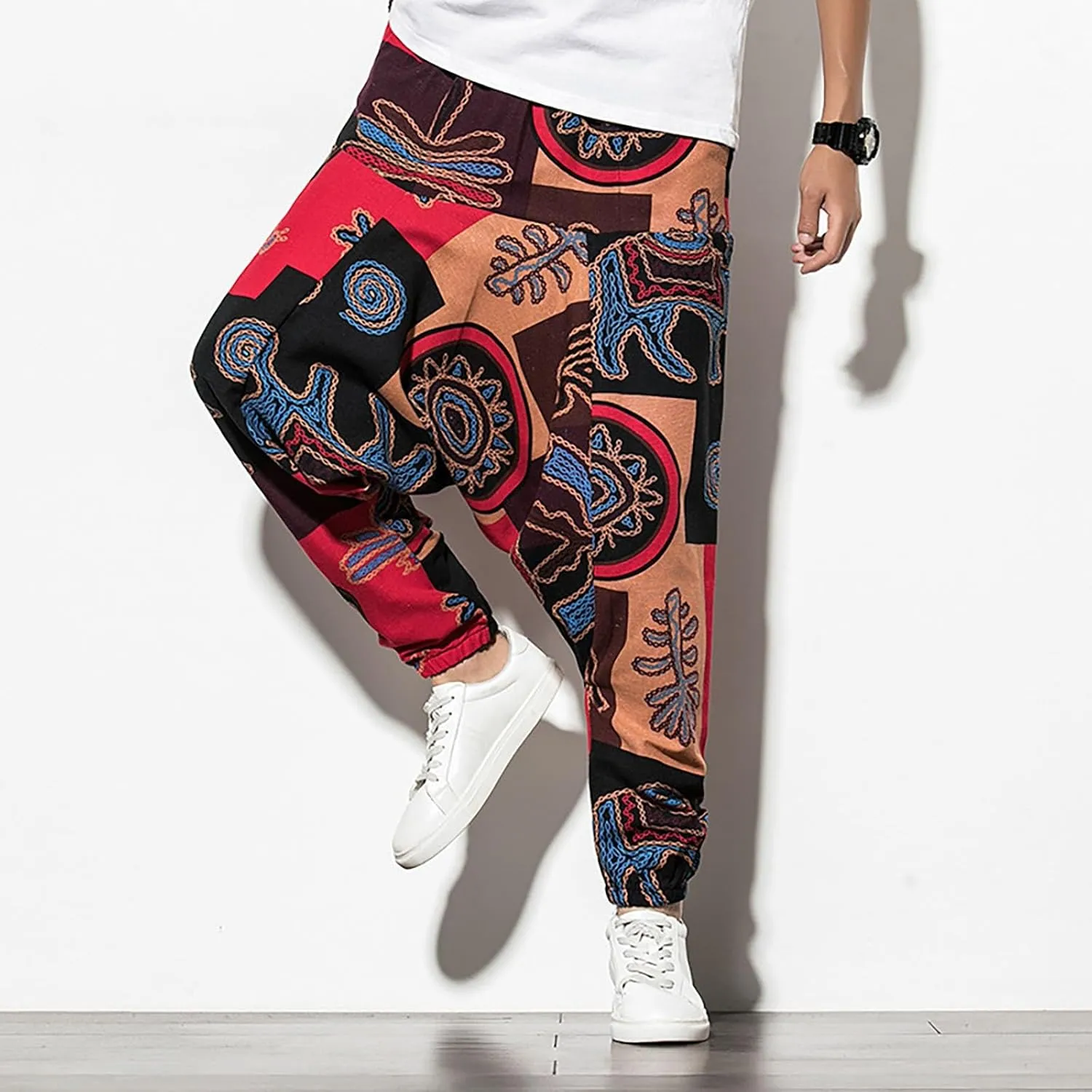 CRNTCEM Mens Printed Harem Pants Baggy Drop Crotch Boho Hippie Pants Straigth Leg Cotton Atheltic Yoga Trousers