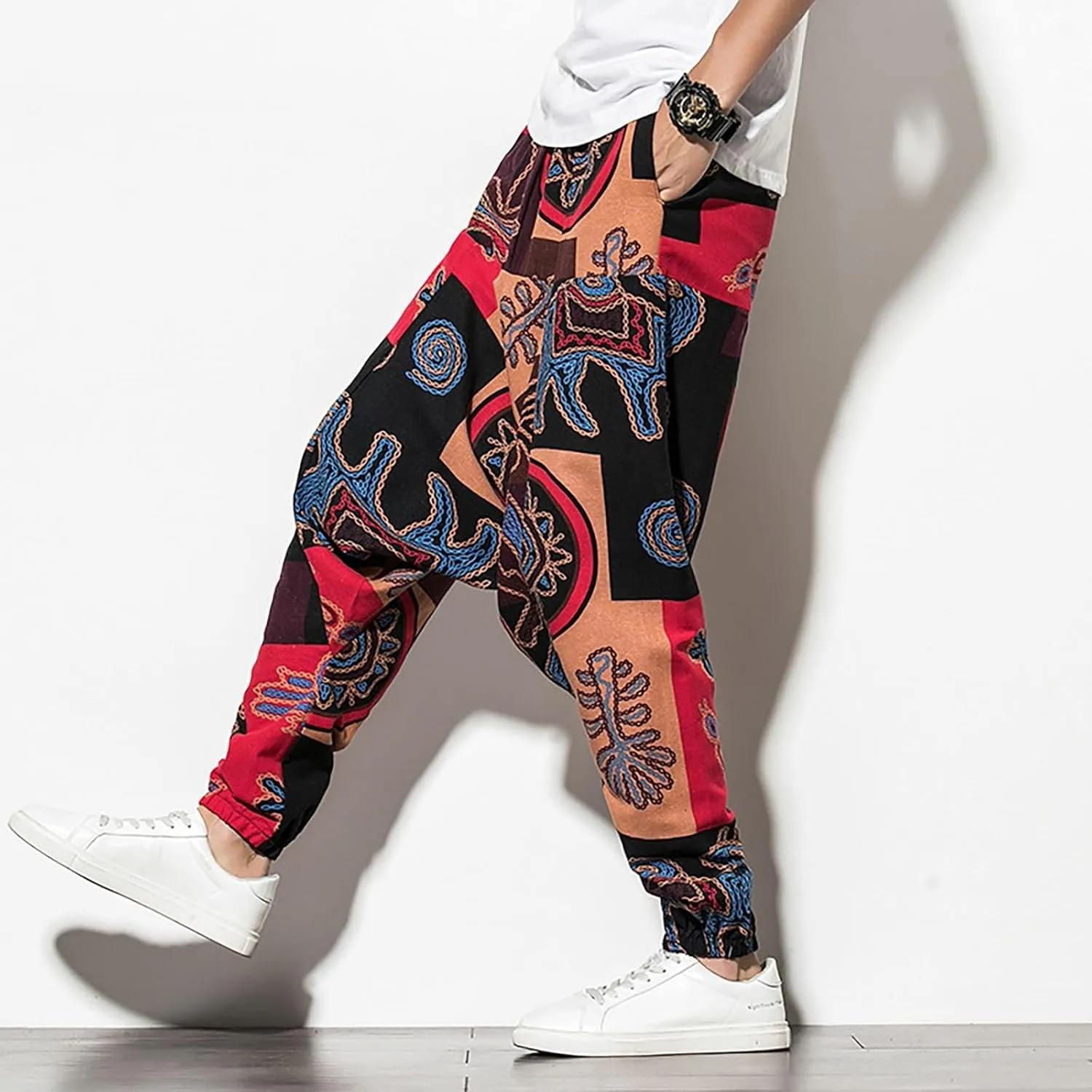 CRNTCEM Mens Printed Harem Pants Baggy Drop Crotch Boho Hippie Pants Straigth Leg Cotton Atheltic Yoga Trousers