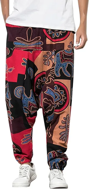 CRNTCEM Mens Printed Harem Pants Baggy Drop Crotch Boho Hippie Pants Straigth Leg Cotton Atheltic Yoga Trousers
