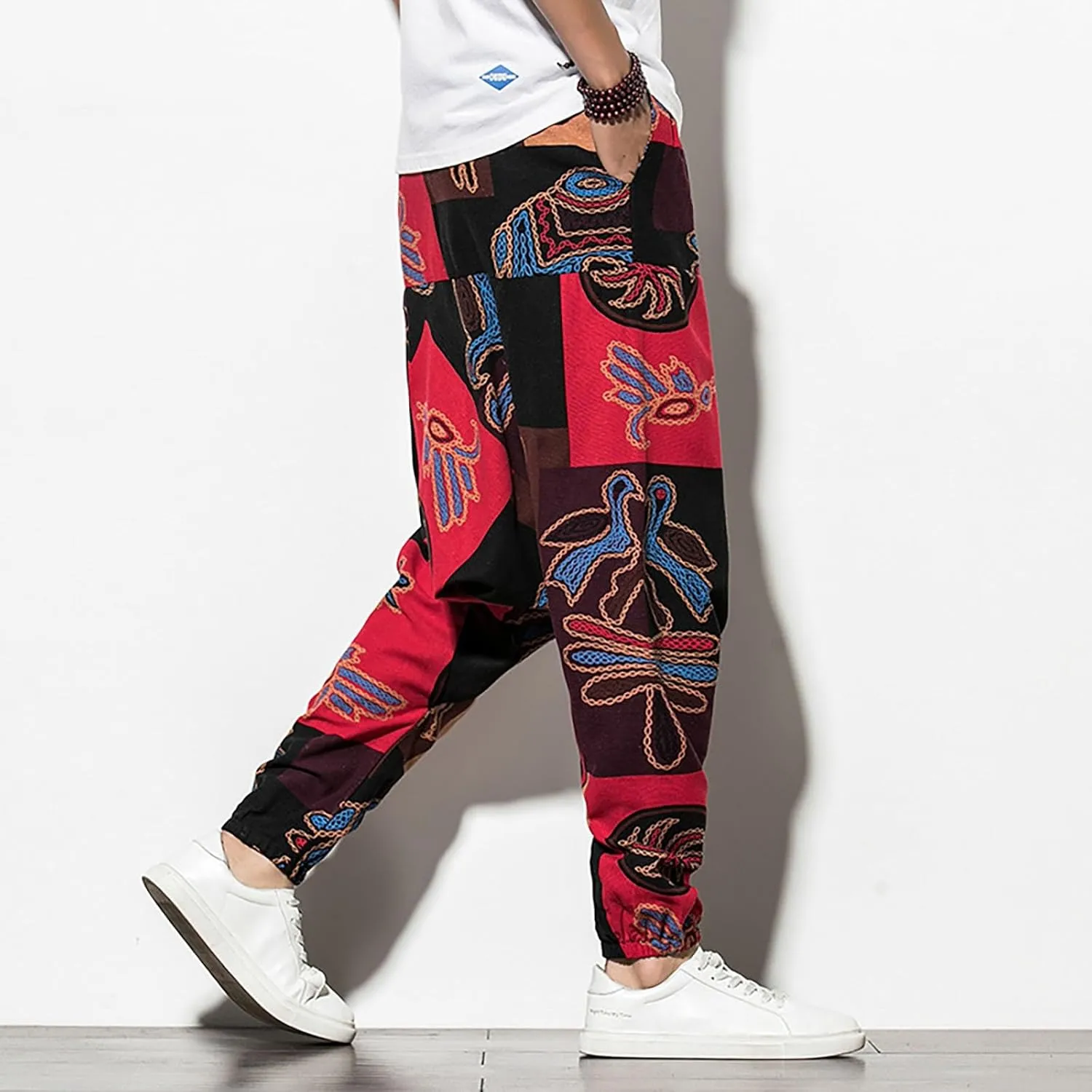 CRNTCEM Mens Printed Harem Pants Baggy Drop Crotch Boho Hippie Pants Straigth Leg Cotton Atheltic Yoga Trousers