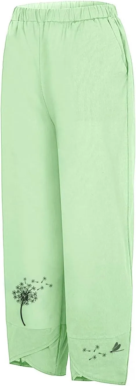 Cropped Pants for Women Boho Summer High Waist Capri Pants Dandelion Print Comfy Straight Leg Lounge Pant with Pockets