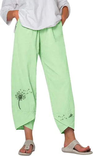 Cropped Pants for Women Boho Summer High Waist Capri Pants Dandelion Print Comfy Straight Leg Lounge Pant with Pockets
