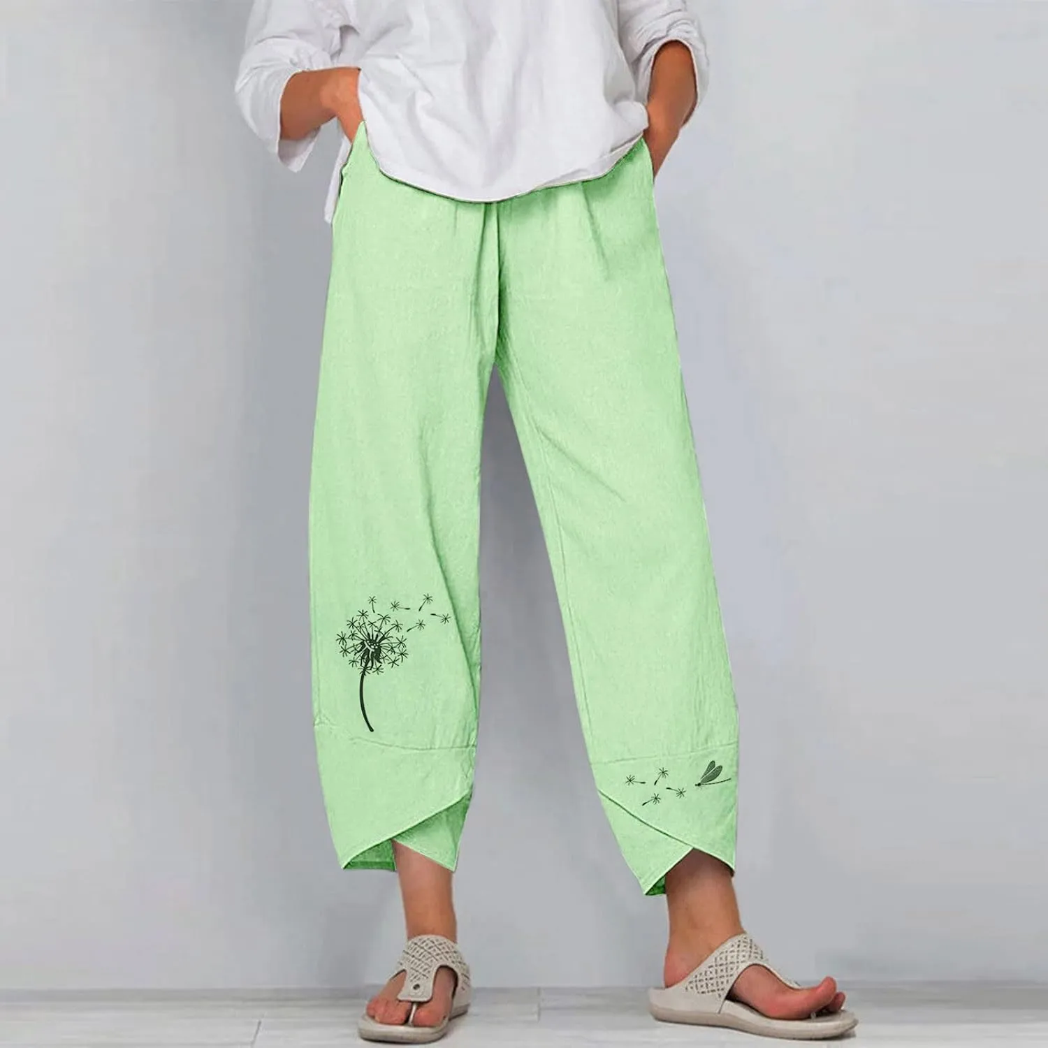 Cropped Pants for Women Boho Summer High Waist Capri Pants Dandelion Print Comfy Straight Leg Lounge Pant with Pockets