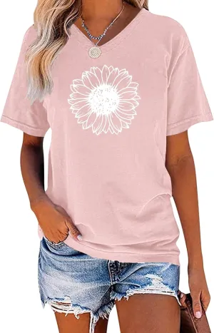 EADINVE Women's Short Sleeve V Neck Sunflower Graphic Printed Summer Tee Vintage T Shirt Cotton Tops Novelty Cool Shirt