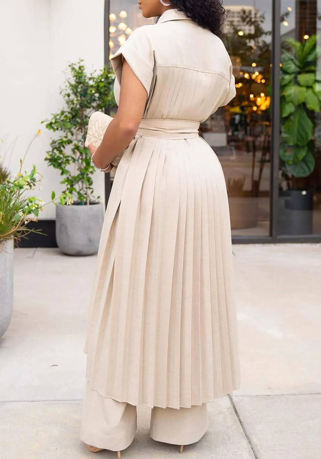 Ecirod Womens Business Casual 2 Piece Outfits Short Sleeve Pleated Long Trench Coat High Waisted Wide Leg Pants Sets