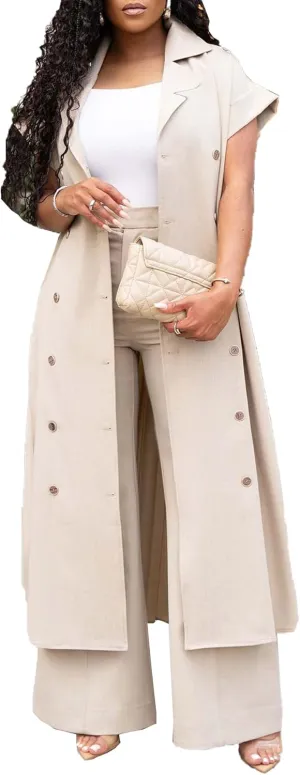 Ecirod Womens Business Casual 2 Piece Outfits Short Sleeve Pleated Long Trench Coat High Waisted Wide Leg Pants Sets