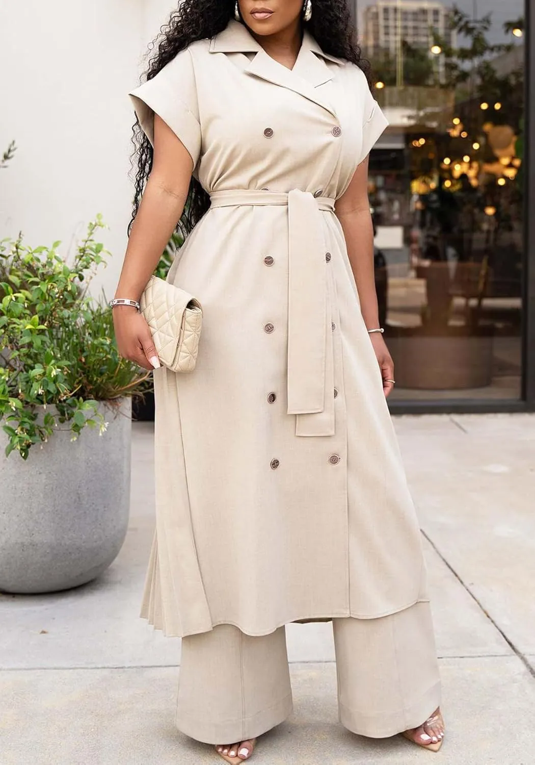 Ecirod Womens Business Casual 2 Piece Outfits Short Sleeve Pleated Long Trench Coat High Waisted Wide Leg Pants Sets