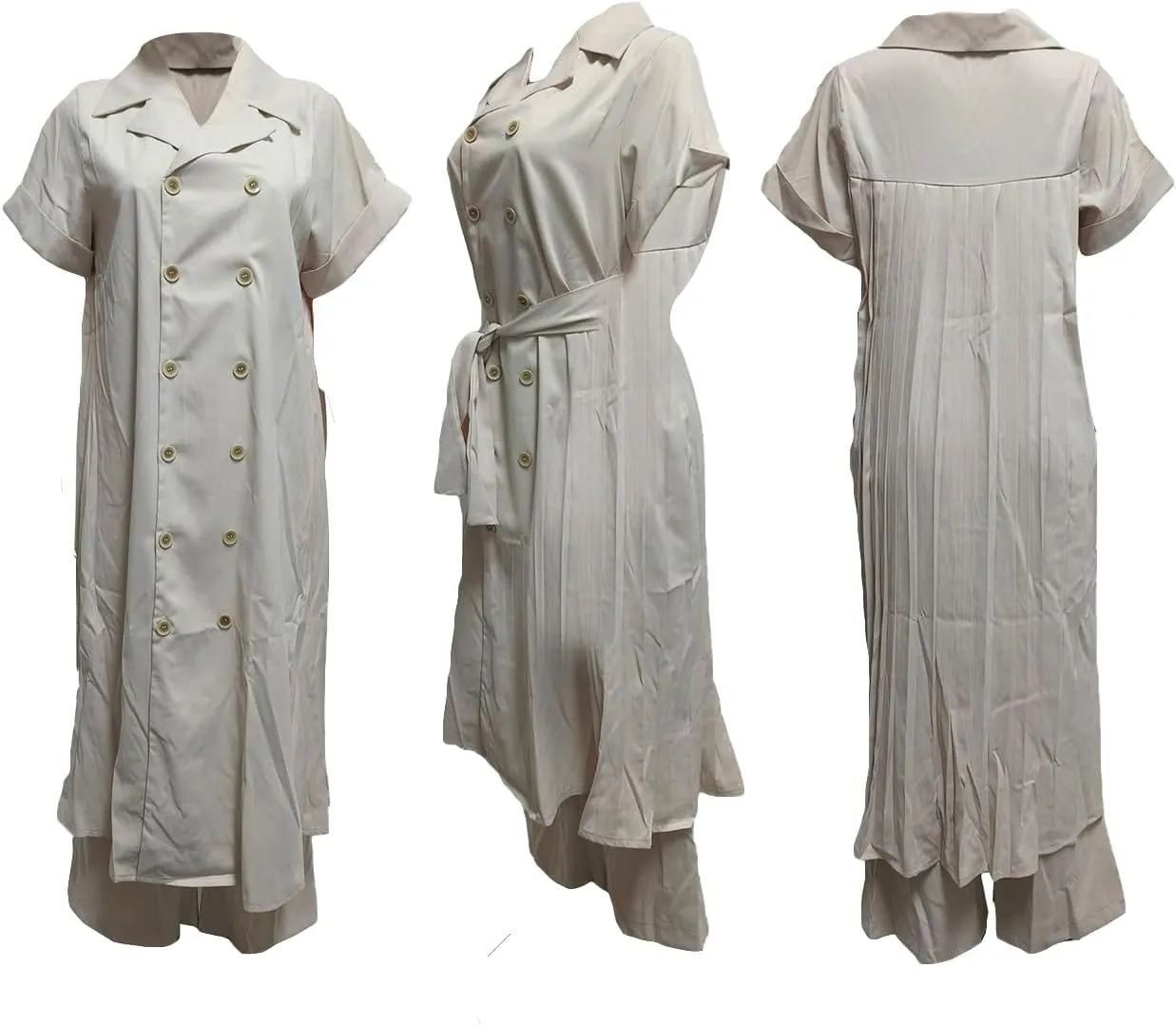 Ecirod Womens Business Casual 2 Piece Outfits Short Sleeve Pleated Long Trench Coat High Waisted Wide Leg Pants Sets