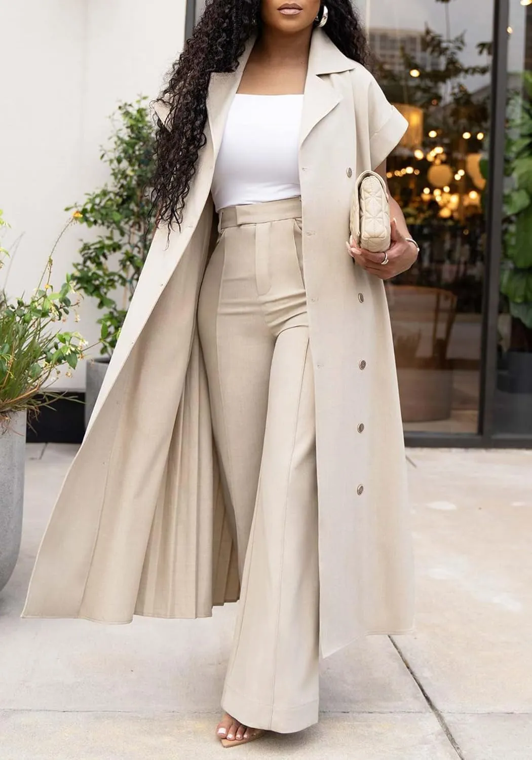 Ecirod Womens Business Casual 2 Piece Outfits Short Sleeve Pleated Long Trench Coat High Waisted Wide Leg Pants Sets
