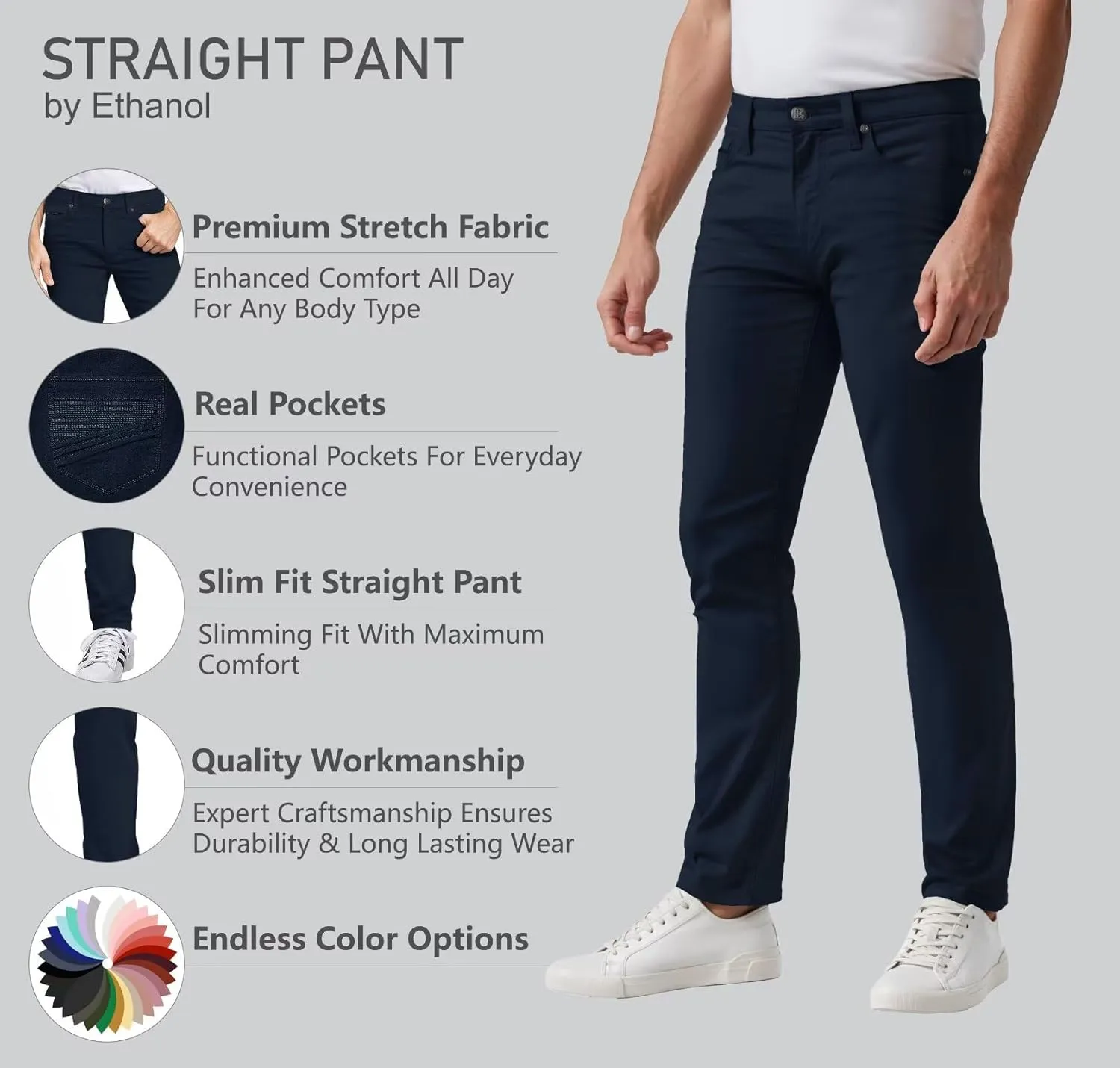 ETHANOL Men's Slim-Fit Comfort Stretch with 5 Pocket Design Straight Pants