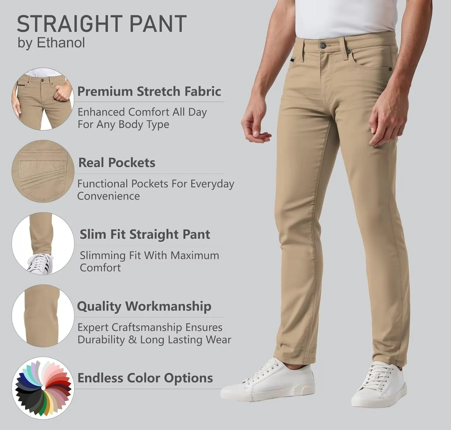 ETHANOL Men's Slim-Fit Comfort Stretch with 5 Pocket Design Straight Pants