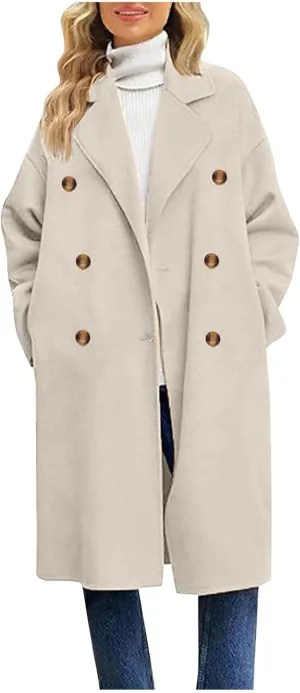 fartey Womens Trench Coats 2024 Fall Casual Notch Lapel Single-Breasted Wool Coats Winter Warm Wool Blend Pea Coats