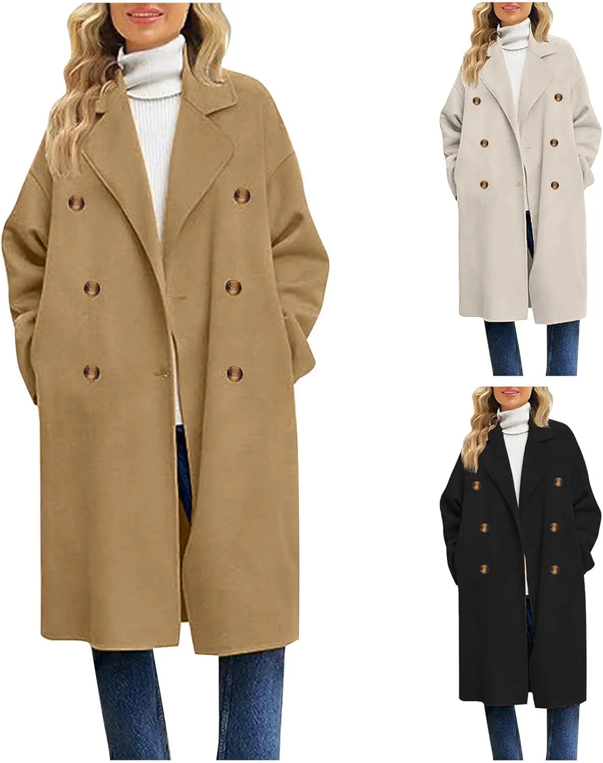 fartey Womens Trench Coats 2024 Fall Casual Notch Lapel Single-Breasted Wool Coats Winter Warm Wool Blend Pea Coats