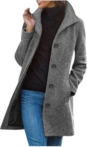 fartey Womens Winter Wool Trench Coat Oversized Single Breast Notched Collar Overcoats Thicken Warm Office Pea Coat Jackets