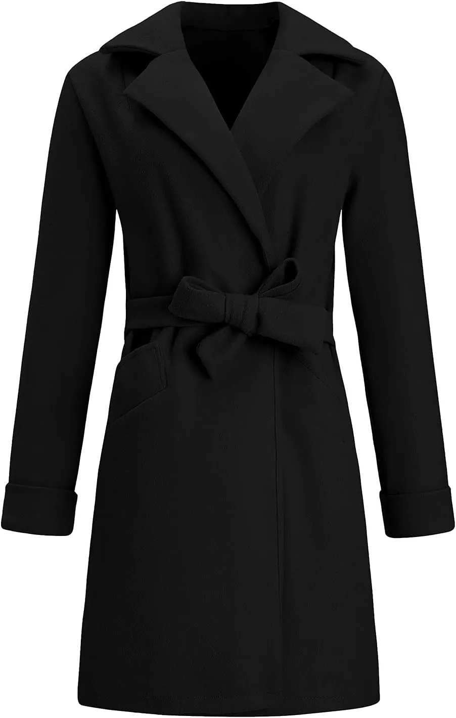 fartey Womens Wool Blend Trench Coat Elegant Lapel Collar Belted Pea Coats Mid Long Length Office Overcoat With Pockets