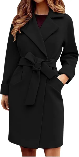 fartey Womens Wool Blend Trench Coat Elegant Lapel Collar Belted Pea Coats Mid Long Length Office Overcoat With Pockets