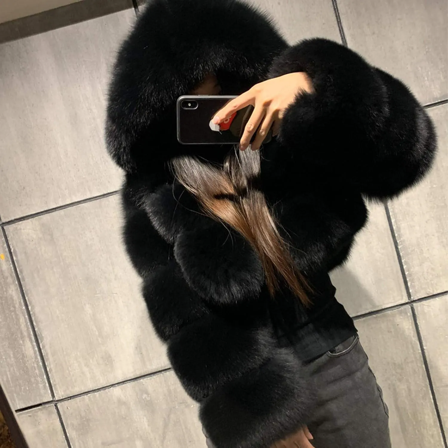 Faux Fur Coat Women with Hood Cropped Bubble Coats Furry Short Warm Jackets Plus Size Winter Coats for Women