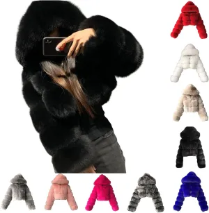 Faux Fur Coat Women with Hood Cropped Bubble Coats Furry Short Warm Jackets Plus Size Winter Coats for Women