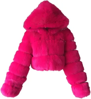Faux Fur Coat Women with Hood Cropped Bubble Coats Furry Short Warm Jackets Plus Size Winter Coats for Women
