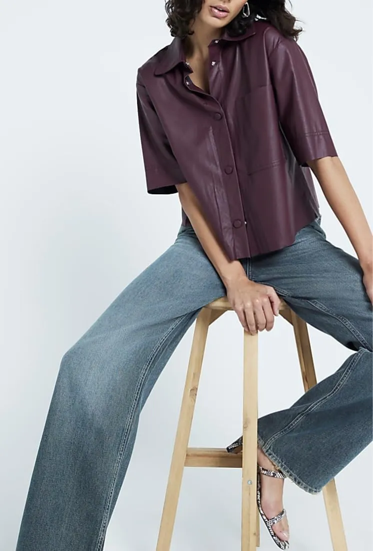 Faux Leather Shirt Women Loose Fit Short Sleeve PU Leather Button Down Crop Shirt with Pocket