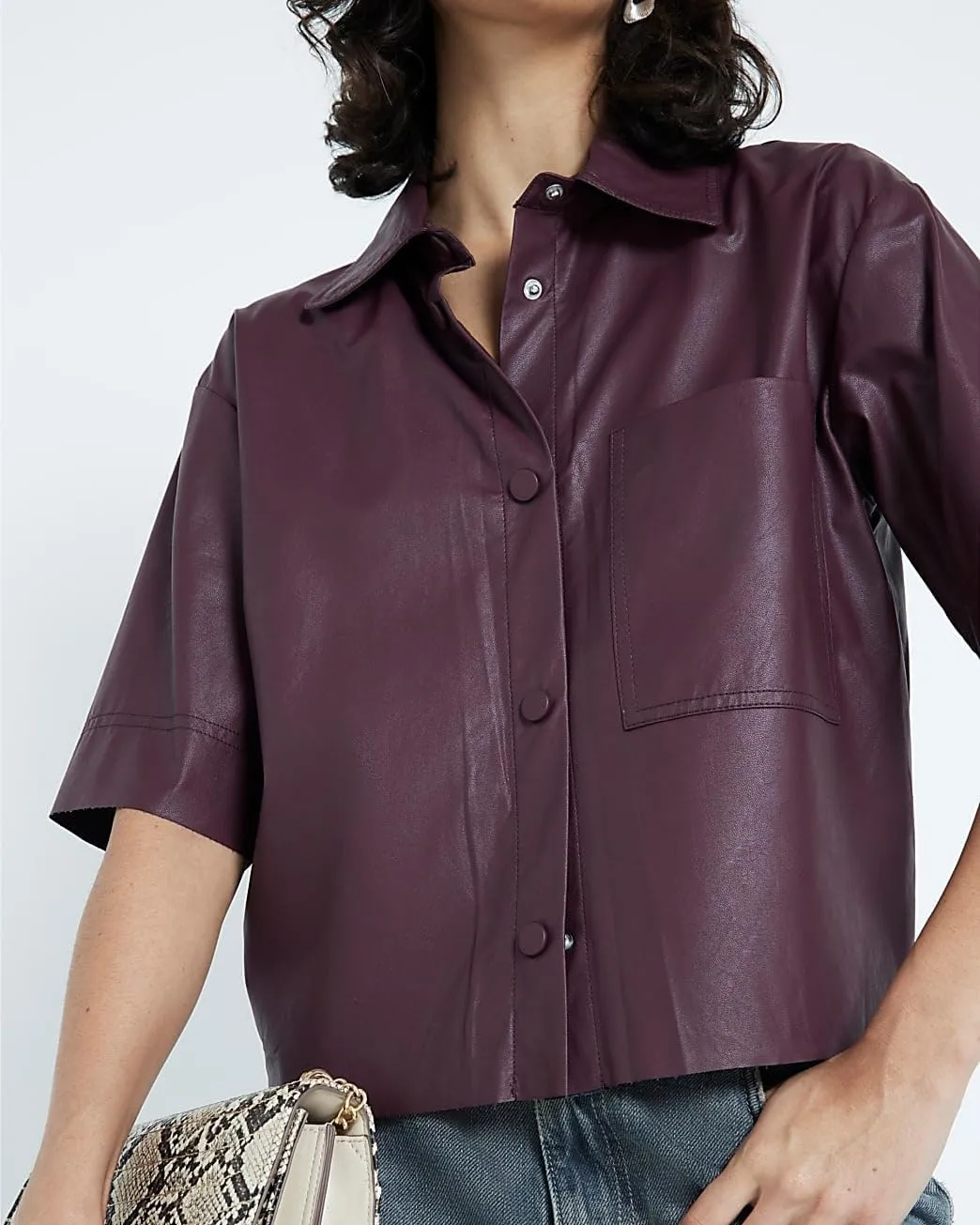 Faux Leather Shirt Women Loose Fit Short Sleeve PU Leather Button Down Crop Shirt with Pocket